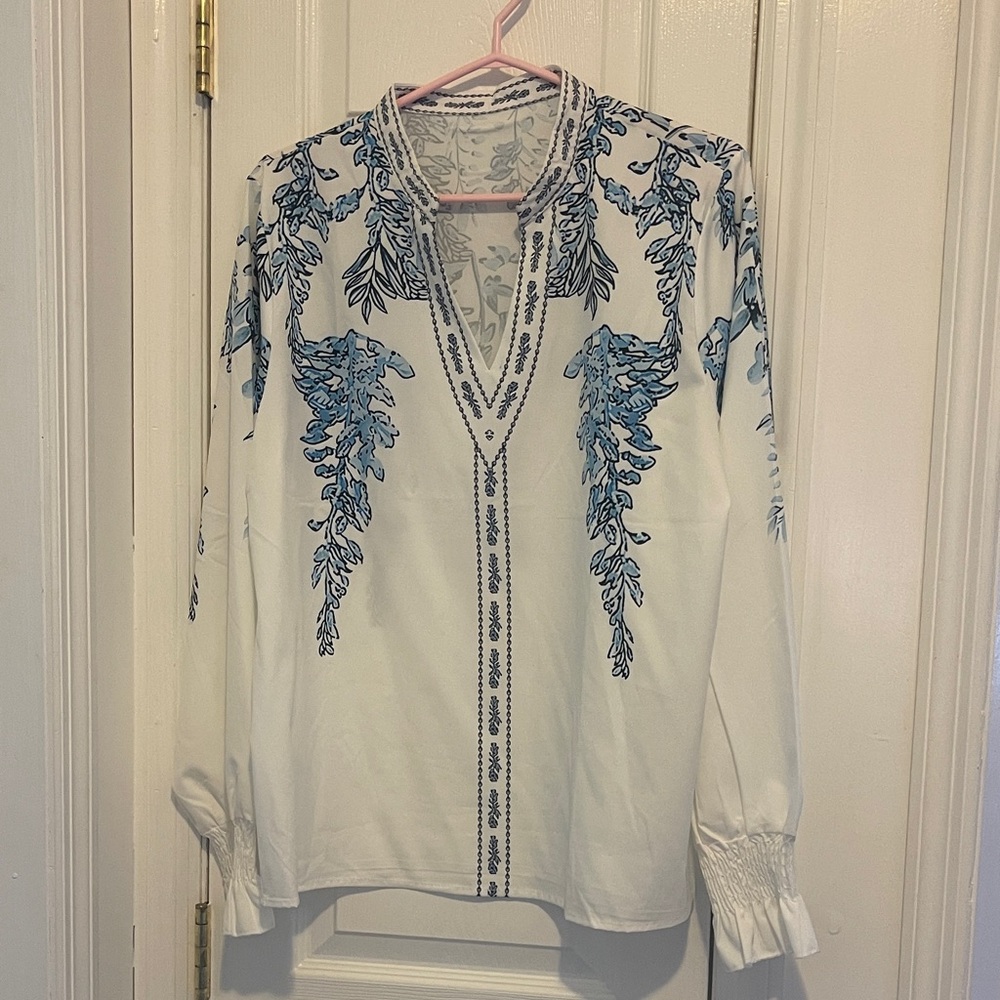 White V-Neck Blouse with Blue Floral pattern